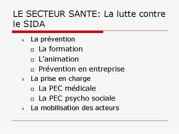 LE SECTEUR SANTE: La lutte contre le SIDA La prévention o o o La LE SECTEUR SANTE: La lutte contre le SIDA La prévention o o o La