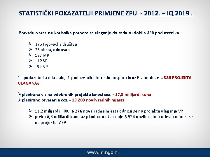STATISTIČKI POKAZATELJI PRIMJENE ZPU - 2012. – IQ 2019. Potvrdu o statusu korisnika potpore