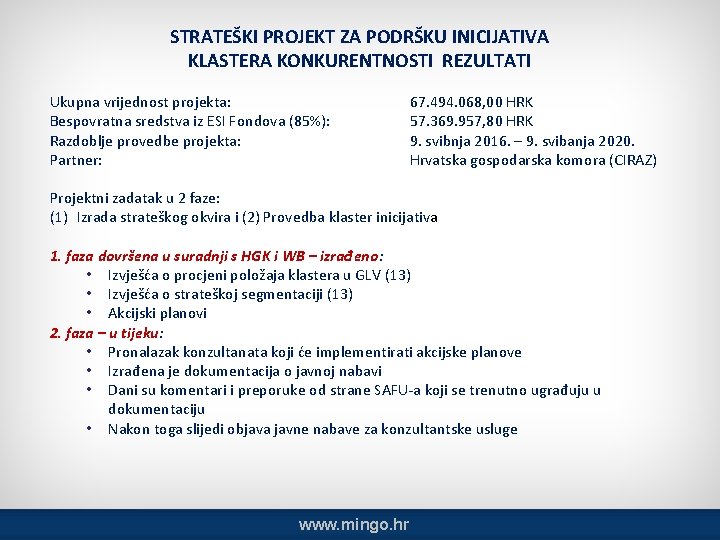 STRATEŠKI PROJEKT ZA PODRŠKU INICIJATIVA KLASTERA KONKURENTNOSTI REZULTATI Ukupna vrijednost projekta: Bespovratna sredstva iz