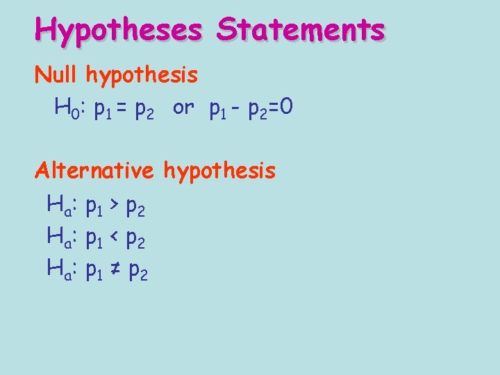 Hypotheses Statements Null hypothesis H 0: p 1 = p 2 or p 1