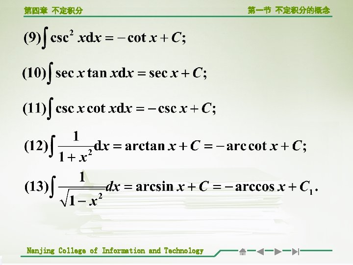 第四章 不定积分 Nanjing College of Information and Technology 第一节 不定积分的概念 