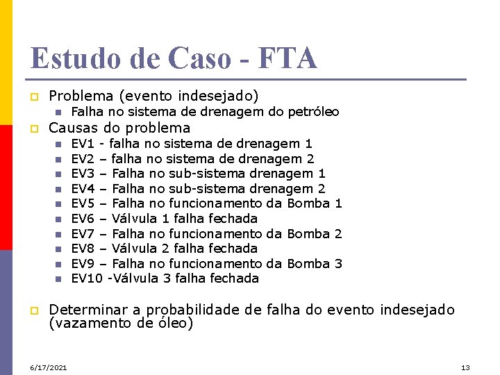 Estudo de Caso - FTA p Problema (evento indesejado) n p Causas do problema