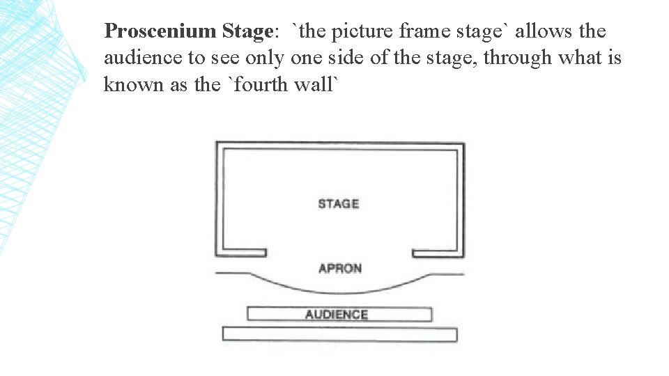 Proscenium Stage: `the picture frame stage` allows the audience to see only one side
