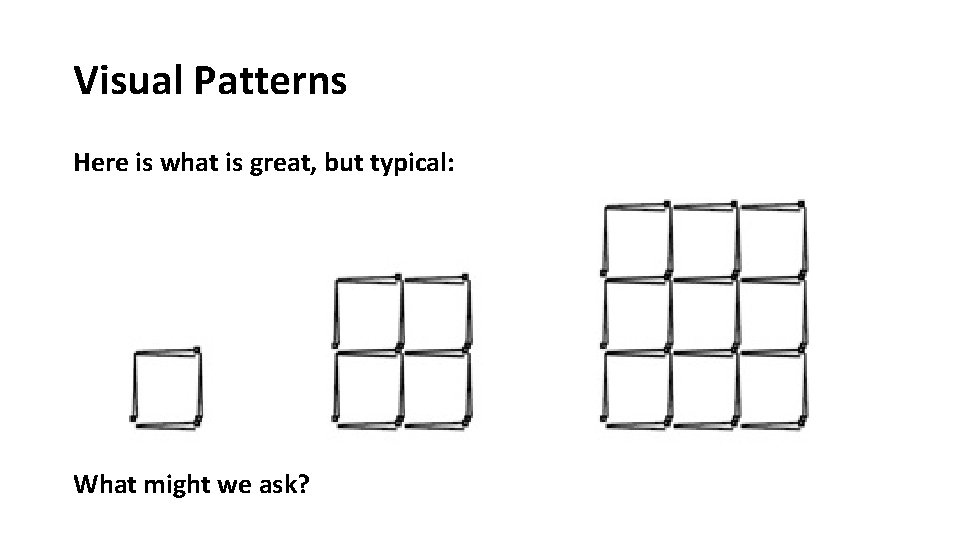 Visual Patterns Here is what is great, but typical: What might we ask? Visual Patterns Here is what is great, but typical: What might we ask?