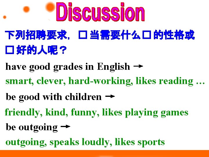 下列招聘要求，� 当需要什么� 的性格或 � 好的人呢？ have good grades in English → smart, clever, hard-working,