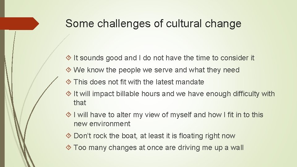 Some challenges of cultural change It sounds good and I do not have the