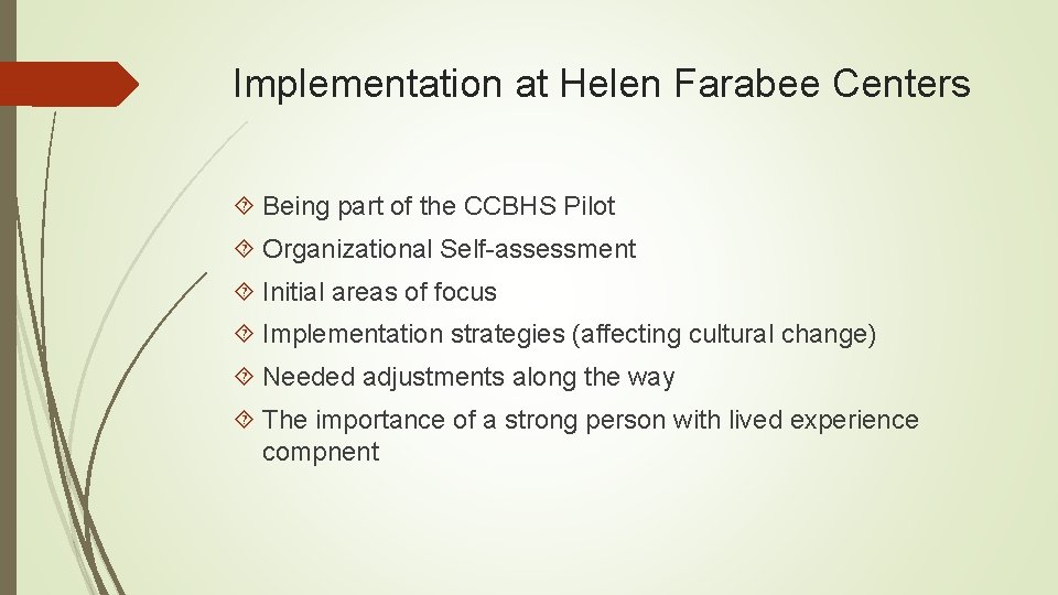 Implementation at Helen Farabee Centers Being part of the CCBHS Pilot Organizational Self-assessment Initial
