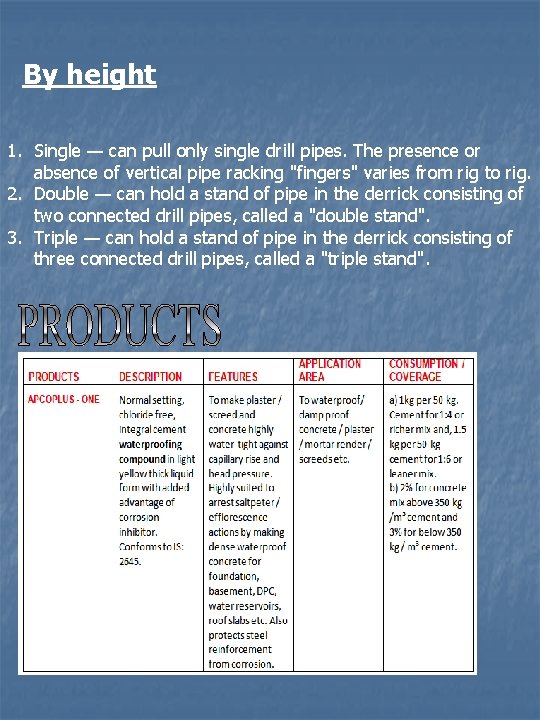By height 1. Single — can pull only single drill pipes. The presence or