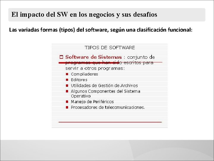 El impacto del SW en los negocios y sus desafíos Las variadas formas (tipos)