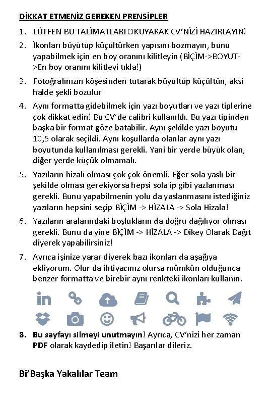 DİKKAT ETMENİZ GEREKEN PRENSİPLER 1. LÜTFEN BU TALİMATLARI OKUYARAK CV’NİZİ HAZIRLAYIN! 2. İkonları büyütüp