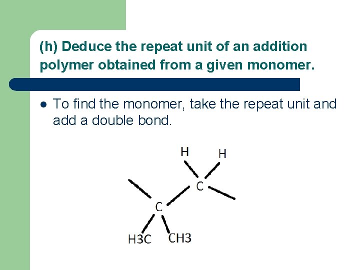 (h) Deduce the repeat unit of an addition polymer obtained from a given monomer.