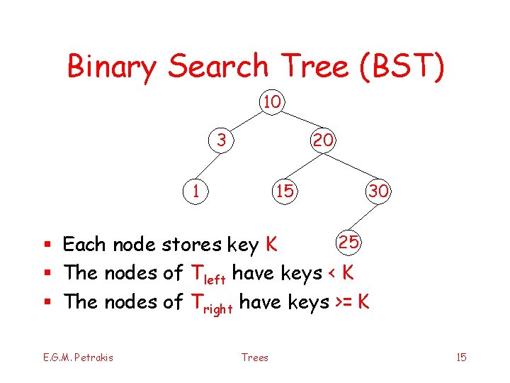 Binary Search Tree (BST) 10 3 20 1 15 30 25 § Each node