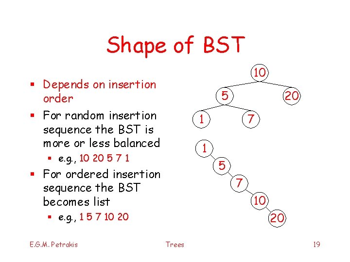 Shape of BST 10 § Depends on insertion order § For random insertion sequence