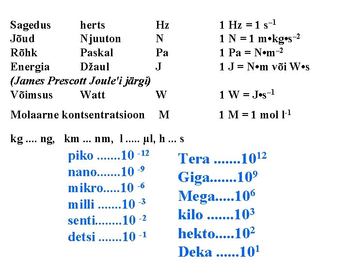 Sagedus herts Jõud Njuuton Rõhk Paskal Energia Džaul (James Prescott Joule'i järgi) Võimsus Watt