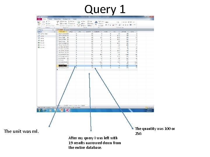 Query 1 The unit was ml. After my query I was left with 19