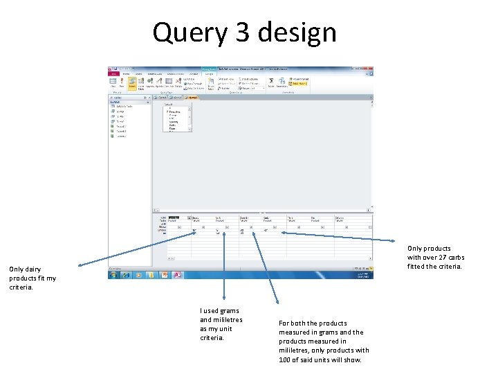 Query 3 design Only products with over 27 carbs fitted the criteria. Only dairy