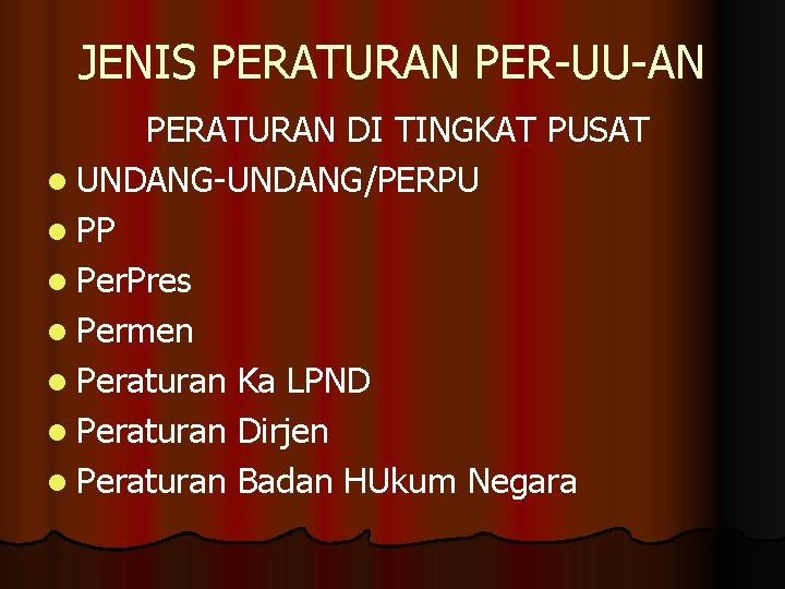 JENIS PERATURAN PER-UU-AN PERATURAN DI TINGKAT PUSAT l UNDANG-UNDANG/PERPU l PP l Per. Pres