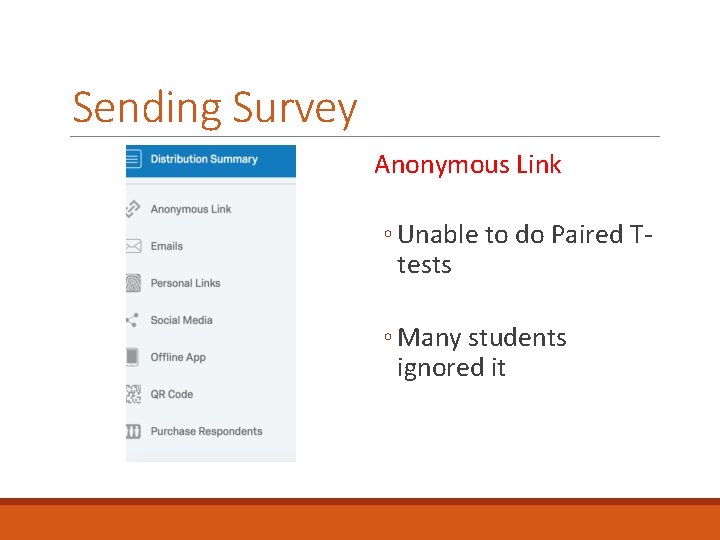 Sending Survey Anonymous Link ◦ Unable to do Paired Ttests ◦ Many students ignored