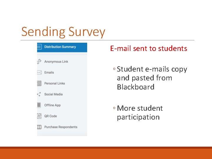 Sending Survey E-mail sent to students ◦ Student e-mails copy and pasted from Blackboard