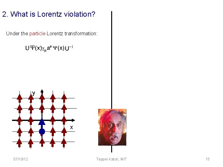 2. What is Lorentz violation? Under the particle Lorentz transformation: y x 07/10/12 Teppei