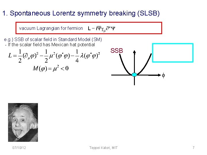 1. Spontaneous Lorentz symmetry breaking (SLSB) vacuum Lagrangian for fermion e. g. ) SSB