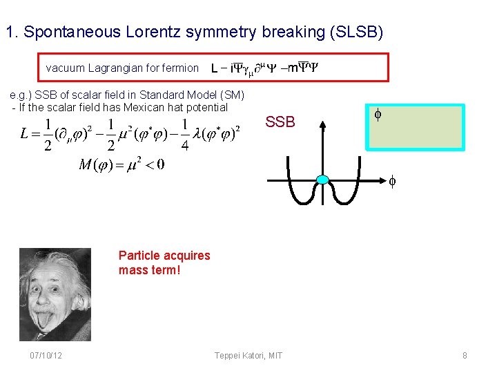 1. Spontaneous Lorentz symmetry breaking (SLSB) vacuum Lagrangian for fermion e. g. ) SSB