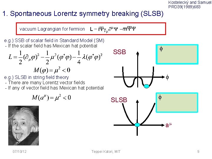 Kostelecký and Samuel PRD 39(1989)683 1. Spontaneous Lorentz symmetry breaking (SLSB) vacuum Lagrangian for