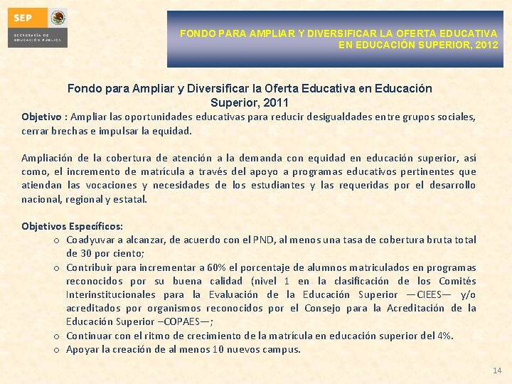 FONDO PARA AMPLIAR Y DIVERSIFICAR LA OFERTA EDUCATIVA EN EDUCACIÓN SUPERIOR, 2012 Fondo para