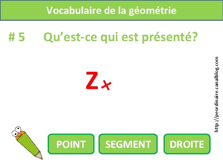 Vocabulaire de la géométrie Qu’est-ce qui est présenté? http: //peordinaire. canalblog. com #5 Z