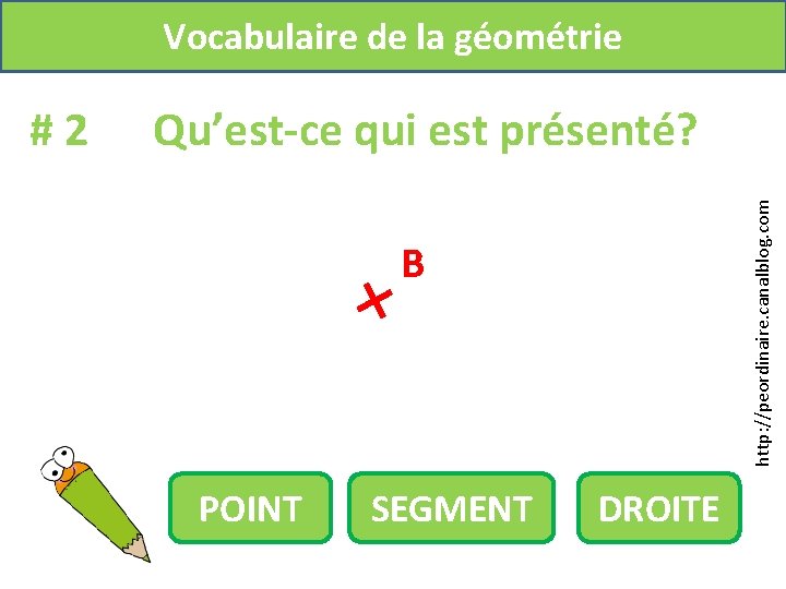 Vocabulaire de la géométrie Qu’est-ce qui est présenté? http: //peordinaire. canalblog. com #2 B