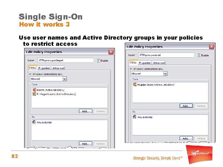 Single Sign-On How it works 3 Use user names and Active Directory groups in