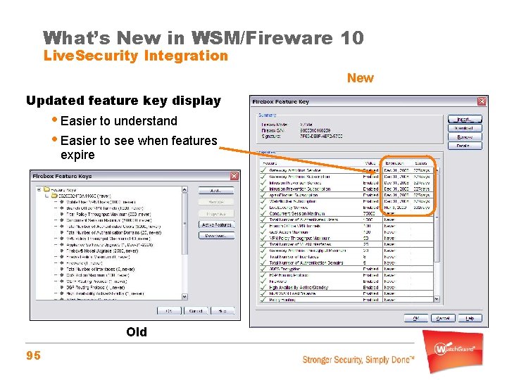 What’s New in WSM/Fireware 10 Live. Security Integration New Updated feature key display •