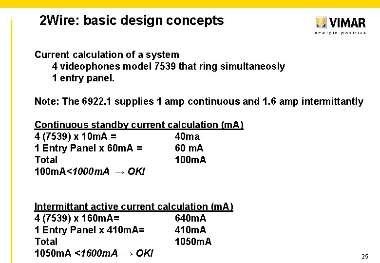 2 Wire: basic design concepts Current calculation of a system 4 videophones model 7539