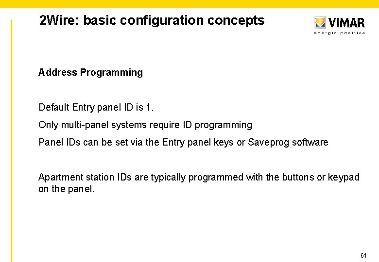 2 Wire: basic configuration concepts Address Programming Default Entry panel ID is 1. Only