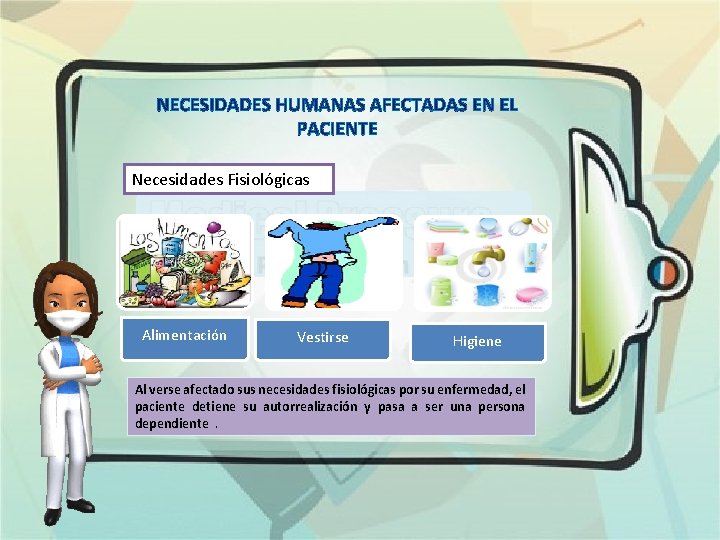 NECESIDADES HUMANAS AFECTADAS EN EL PACIENTE Necesidades Fisiológicas Alimentación Vestirse Higiene Al verse afectado