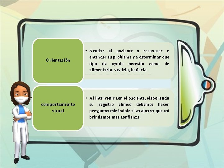 Orientación • Ayudar al paciente a reconocer y entender su problema y a determinar