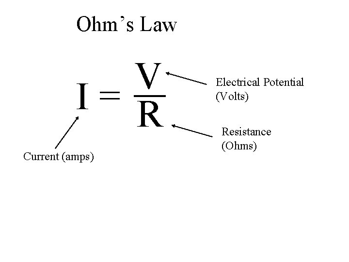 Ohm’s Law V I= R Current (amps) Electrical Potential (Volts) Resistance (Ohms) 