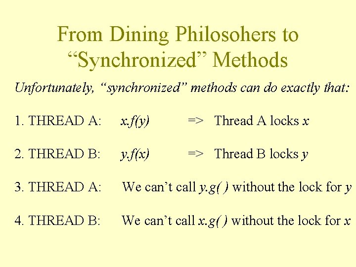 From Dining Philosohers to “Synchronized” Methods Unfortunately, “synchronized” methods can do exactly that: 1.