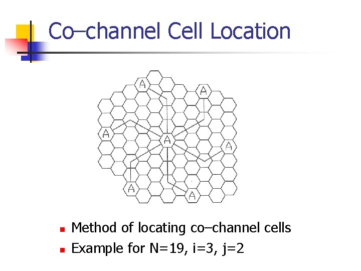 Co–channel Cell Location n n Method of locating co–channel cells Example for N=19, i=3,