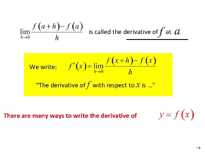 is called the derivative of We write: “The derivative of f with respect to