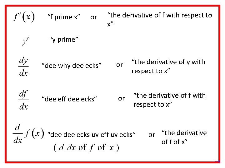 “f prime x” or “the derivative of f with respect to x” “y prime”