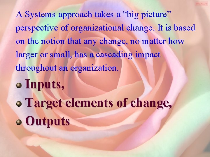 A Systems approach takes a “big picture” perspective of organizational change. It is based