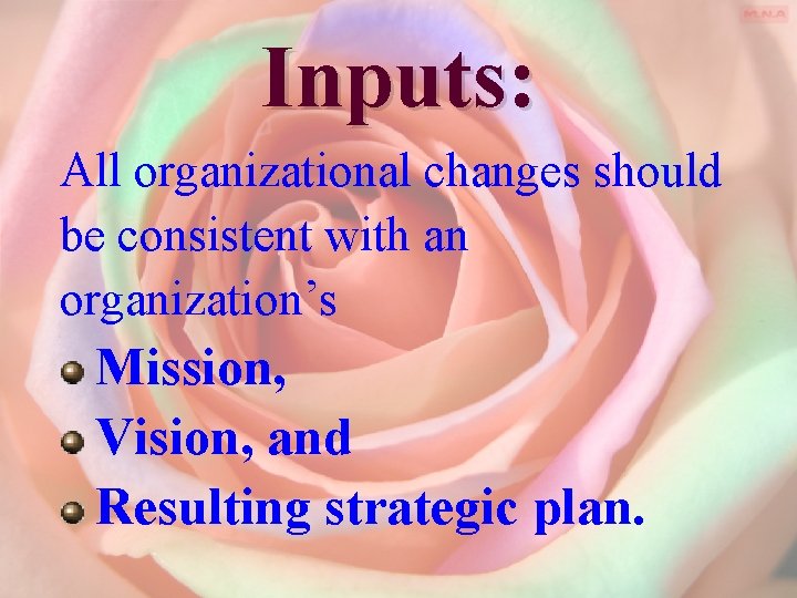 Inputs: All organizational changes should be consistent with an organization’s Mission, Vision, and Resulting