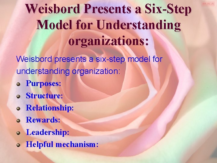 Weisbord Presents a Six-Step Model for Understanding organizations: Weisbord presents a six-step model for