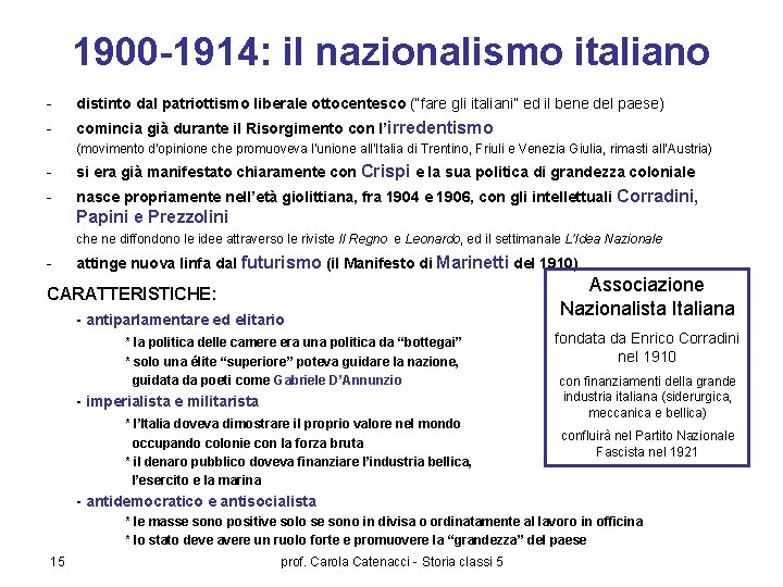 1900 -1914: il nazionalismo italiano - distinto dal patriottismo liberale ottocentesco (“fare gli italiani”