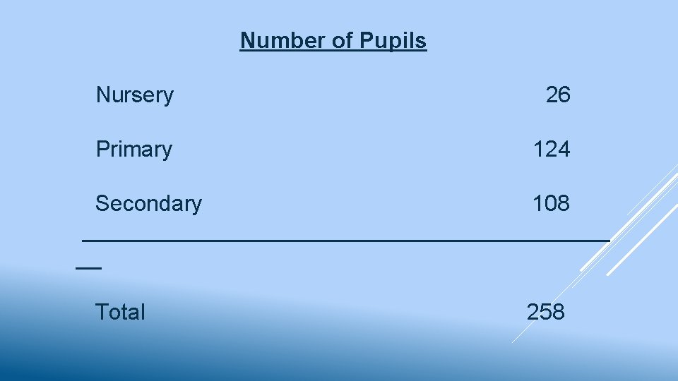 Number of Pupils Nursery 26 Primary 124 Secondary 108 _____________________ __ Total 258 