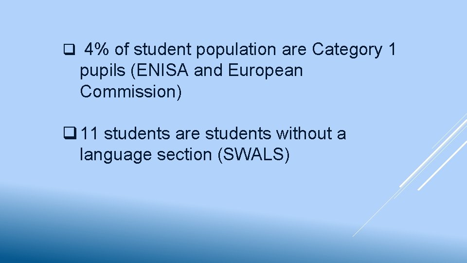 q 4% of student population are Category 1 pupils (ENISA and European Commission) q