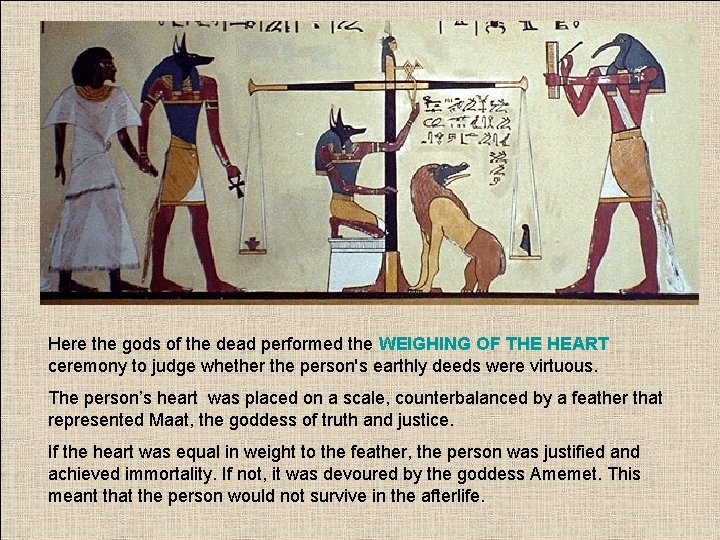 Here the gods of the dead performed the WEIGHING OF THE HEART ceremony to