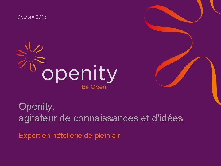 Octobre 2013 Openity, agitateur de connaissances et d’idées Expert en hôtellerie de plein air