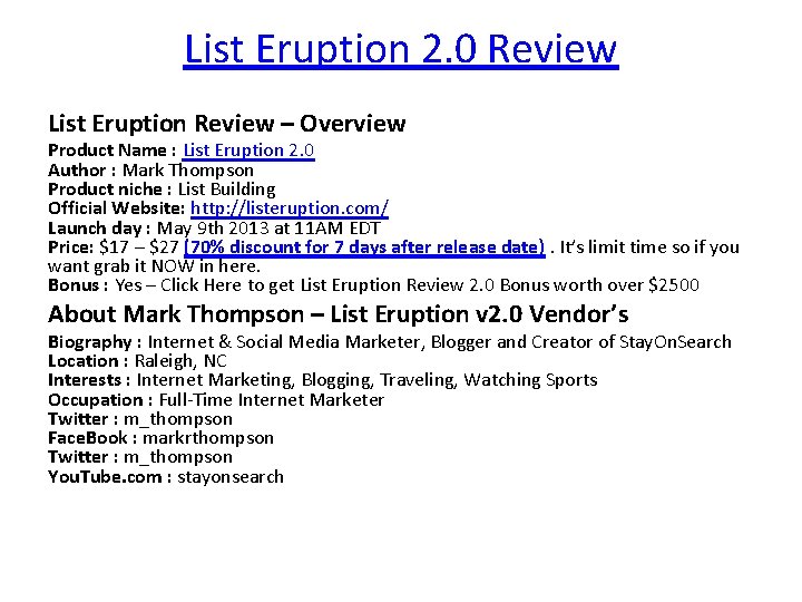 List Eruption 2. 0 Review List Eruption Review – Overview Product Name : List